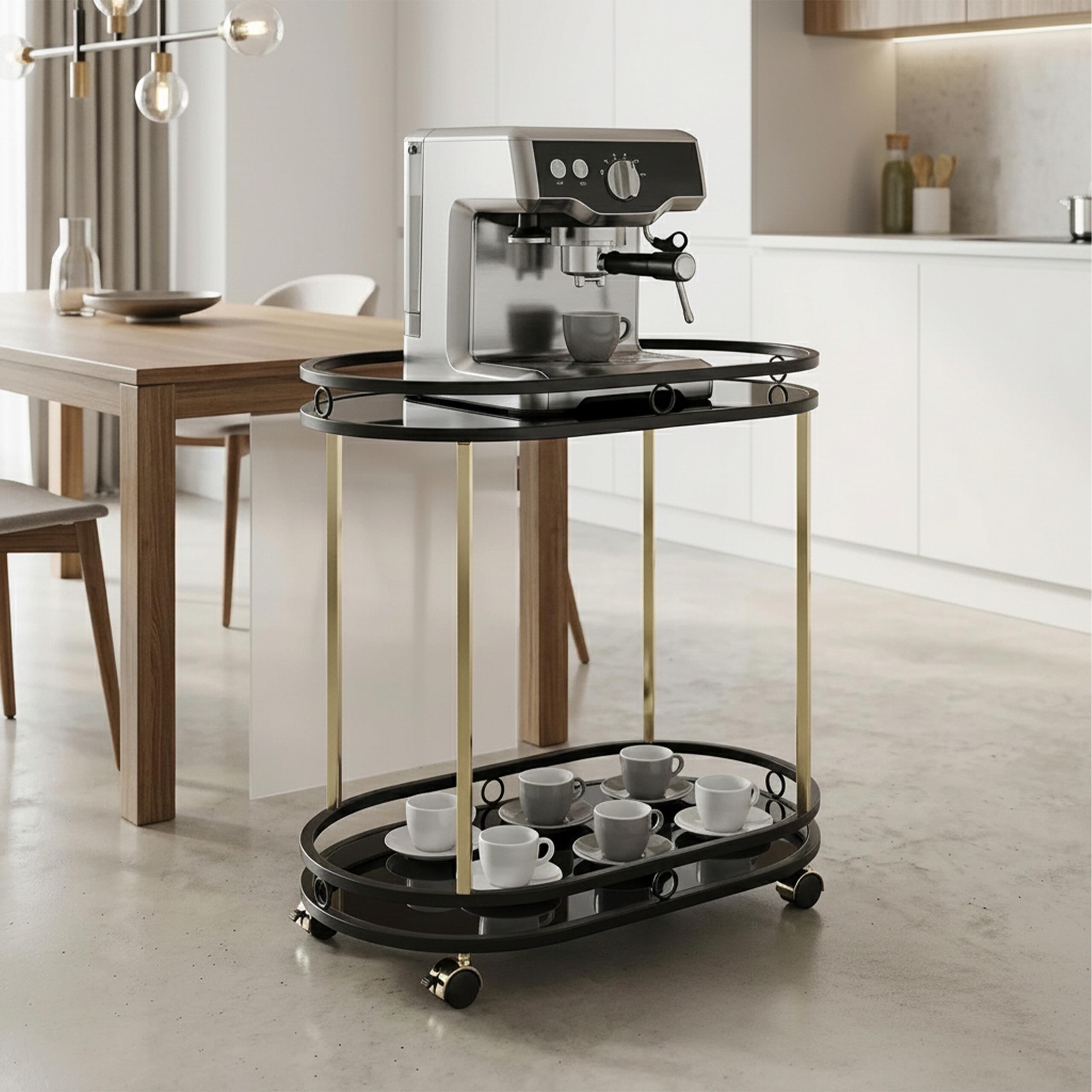 Relaxdays Carrito de Servicio, 2 bandejas, Cristal y Metal, Negro/Dorado | (Alto x Ancho x Fondo): 77,5 x 72 x 42 cm, carrito de cocina con 4 ruedas