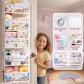 WERNNSAI Unicorn Over the Door Organizer, 5 Large Pockets Hanging Organizer with 10 Mesh Side Pockets, Storage Toy Diaper Baby Essential, Baby Nursery Storage for Girl Bedroom Bathroom Playroom Decor