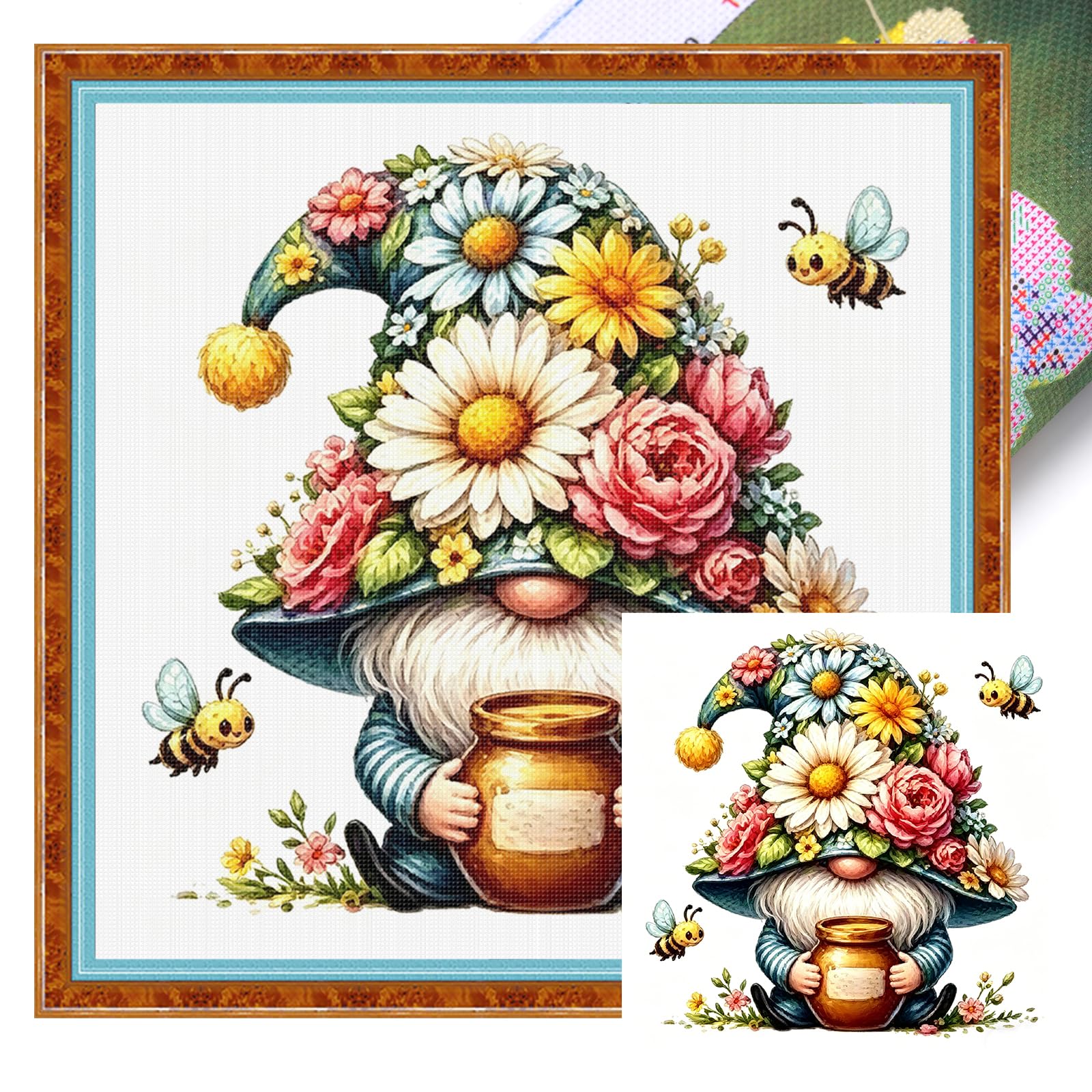 POETRYDRAW Honey and Flowers Gnome Full 14CT DIY Stamped Cross Stitch Kits 11.81x11.81inch Needlework Embroidery Kit for Beginners Adults Home Decor (14CTABB-2868 C 30X30)