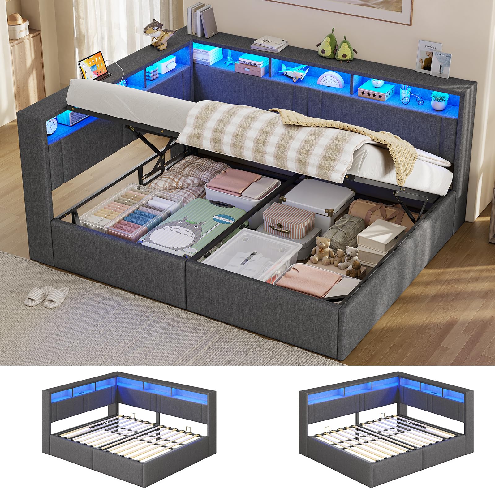 AOGLLATI Canapé Lit 140 x 200 avec Éclairage LED, Multiprise et Hydraulique