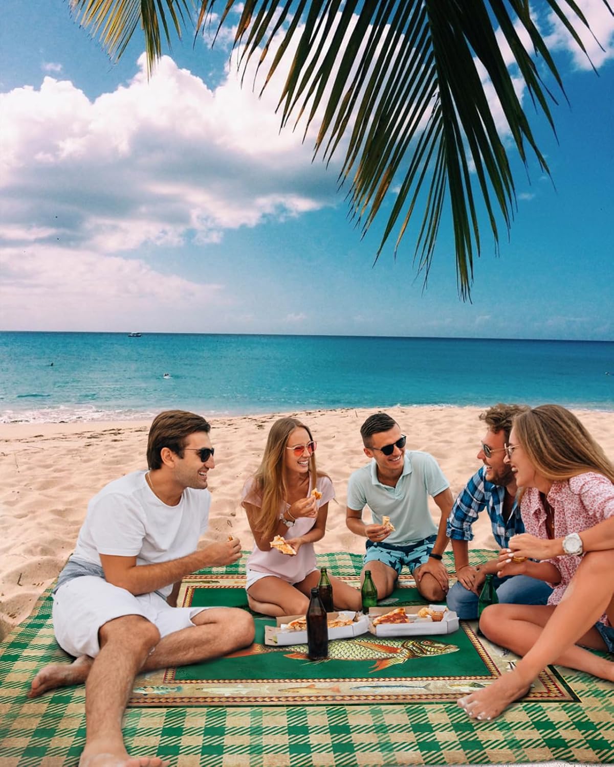 Christmas Stripes Beach Blanket Waterproof Sandproof Outdoor Picnic Mat 108"x84" Red and White Lightweight Large Beaach Blankets with 4 Stake & 4 Corner Pockets