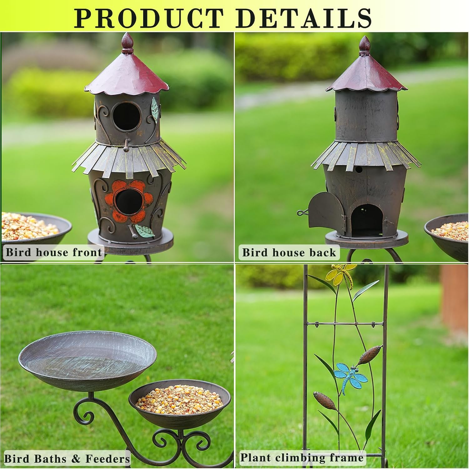 52.4" H Metal Bird Bath with Trellis for Outdoor,Bird Feeder and Metal Bird Houses,Garden Plant Support,4-in-1,Doubles As The Climbing Plant,Garden Yard Decor