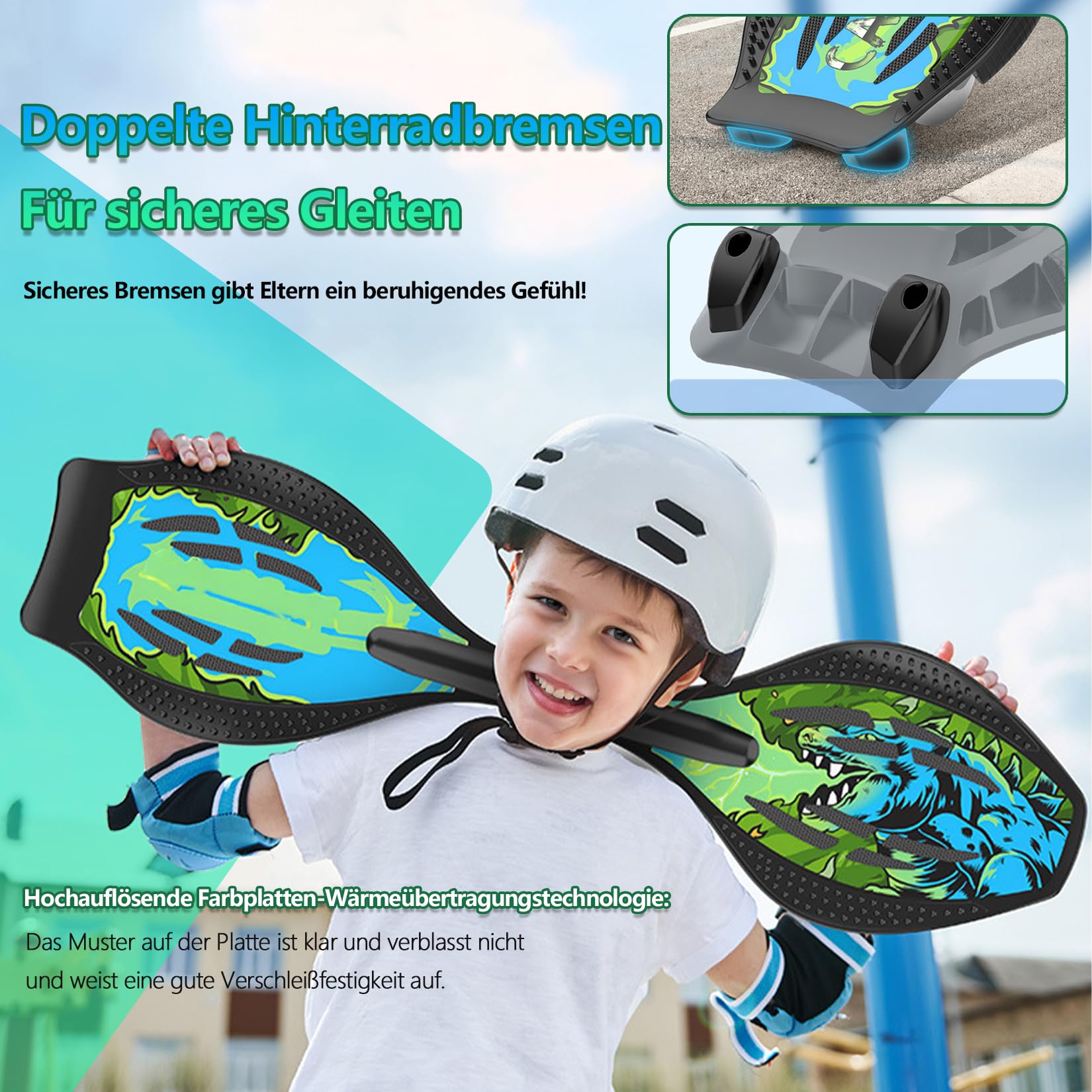 Waveboard für Kinder und Erwachsene - Snakeboard mit LED Leuchtrollen Bremssystem, bis 129kg, Alu-Rahmen, 360° Drehbar, inkl. Schutzset Tasche für Straße Skatepark