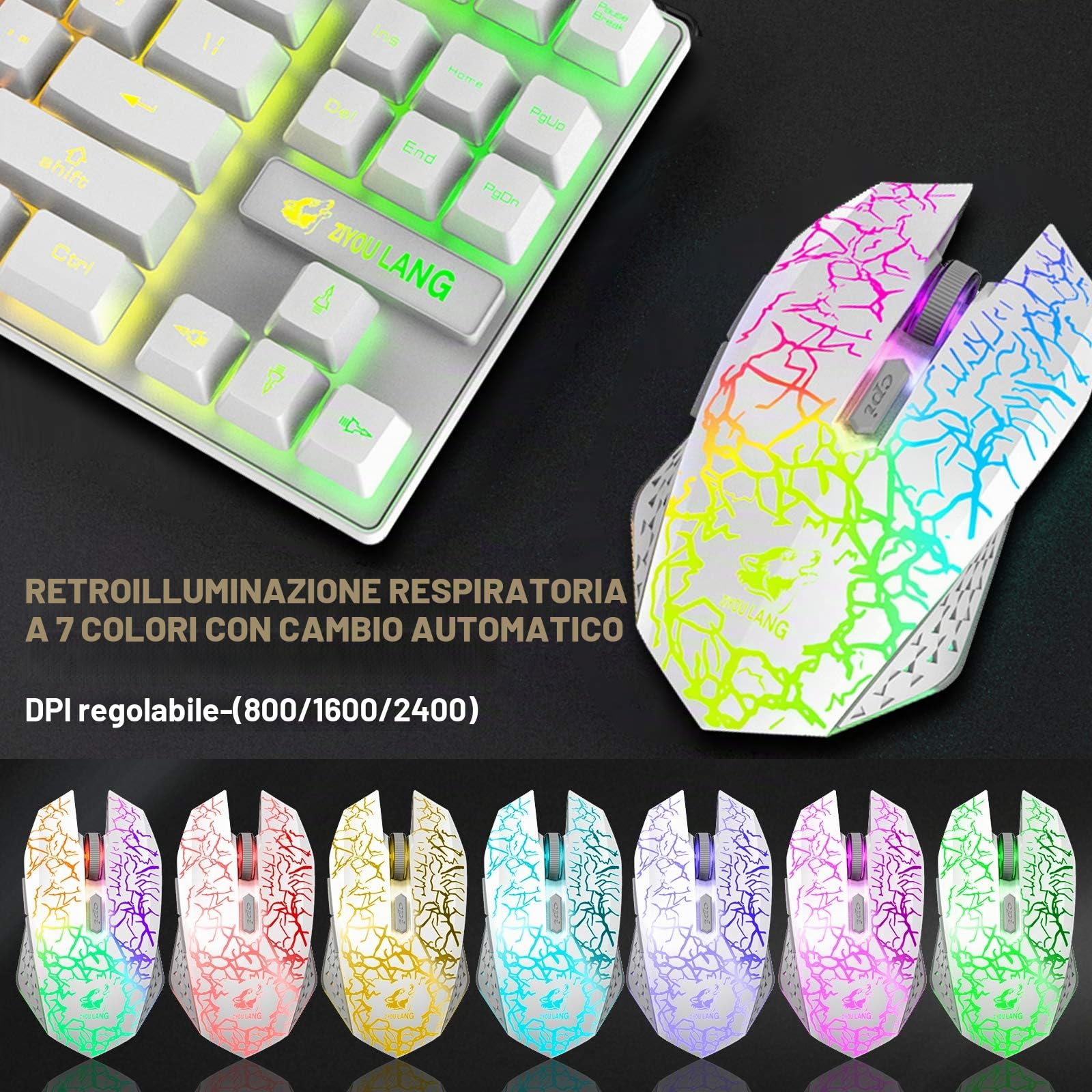 Combinazione mouse e tastiera da gioco wireless, 87 tasti arcobaleno retroilluminazione a LED batteria ricaricabile da 3800 mAh sensazione meccanica mouse muto impermeabile RGB (White)