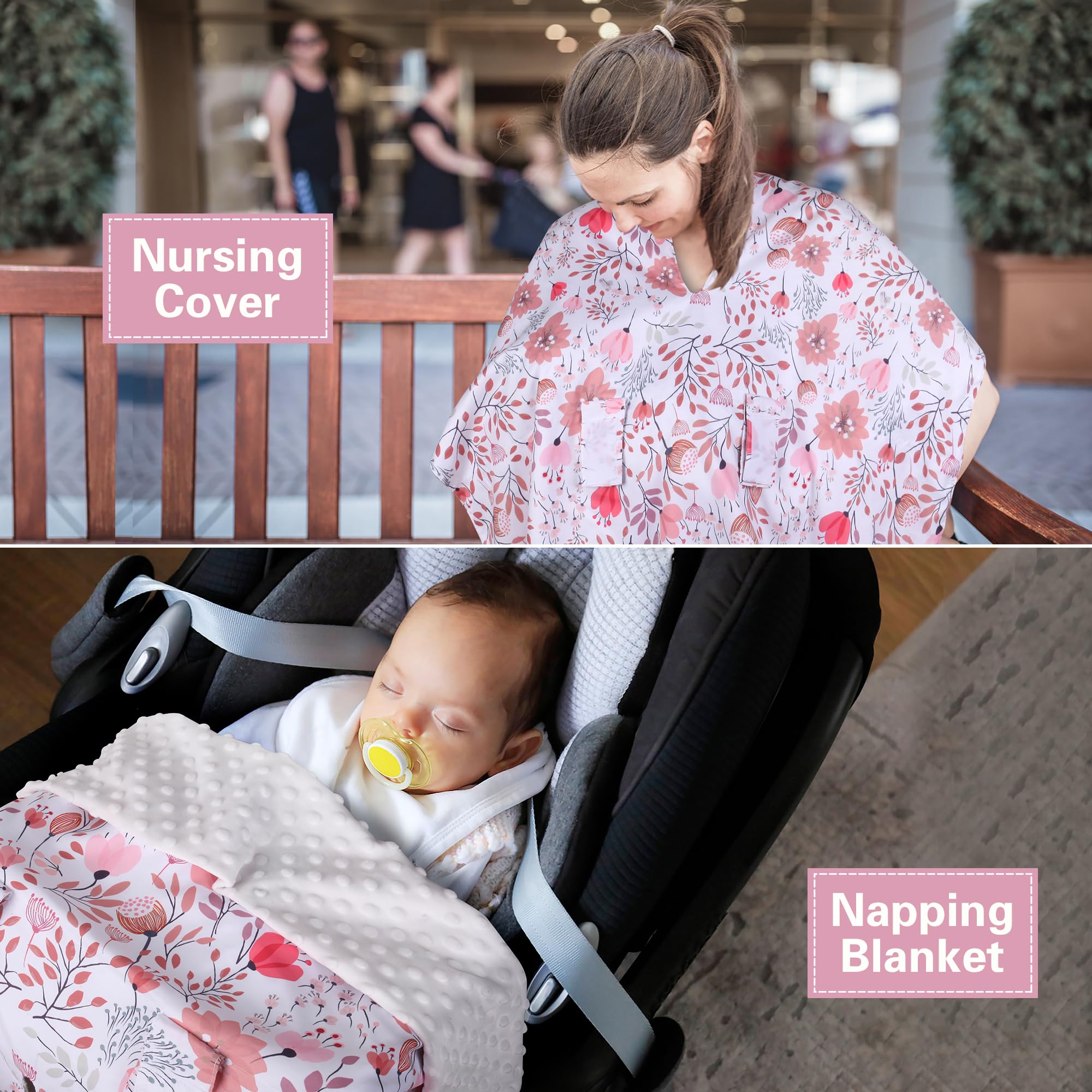 Rquite Funda de asiento de coche para bebé, fundas de asiento de coche para bebé, niña y niño, funda de asiento de coche infantil de flores rosas, toldo transpirable de apertura Peekaboo, cubierta de