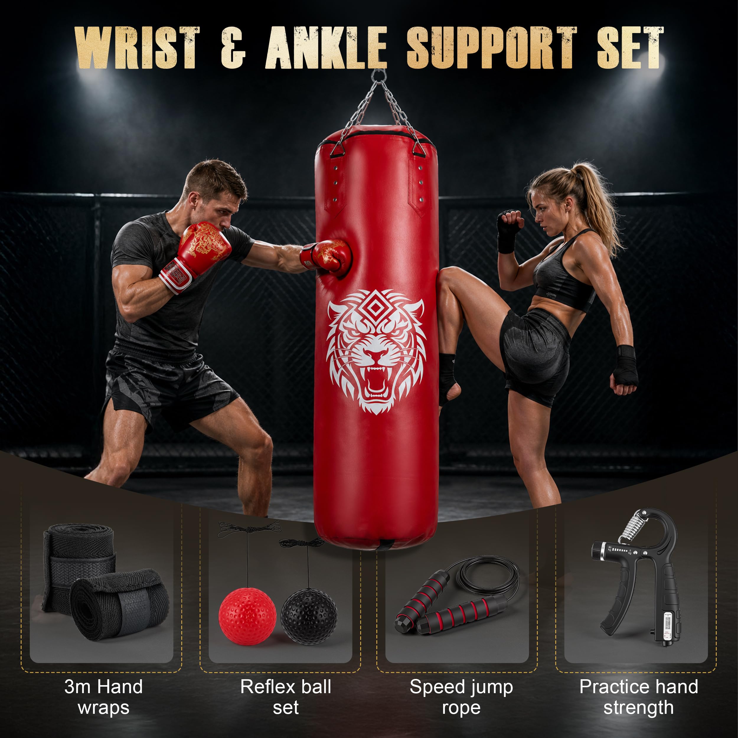 Boxsack Set Erwachsene 120 cm – Schwerer Boxsack mit 10 oz Boxhandschuhen, Griffkrafttrainer, Springseil, Reflexball, Handwraps, Deckenmontage – Komplettset für Heimtraining MMA Karate