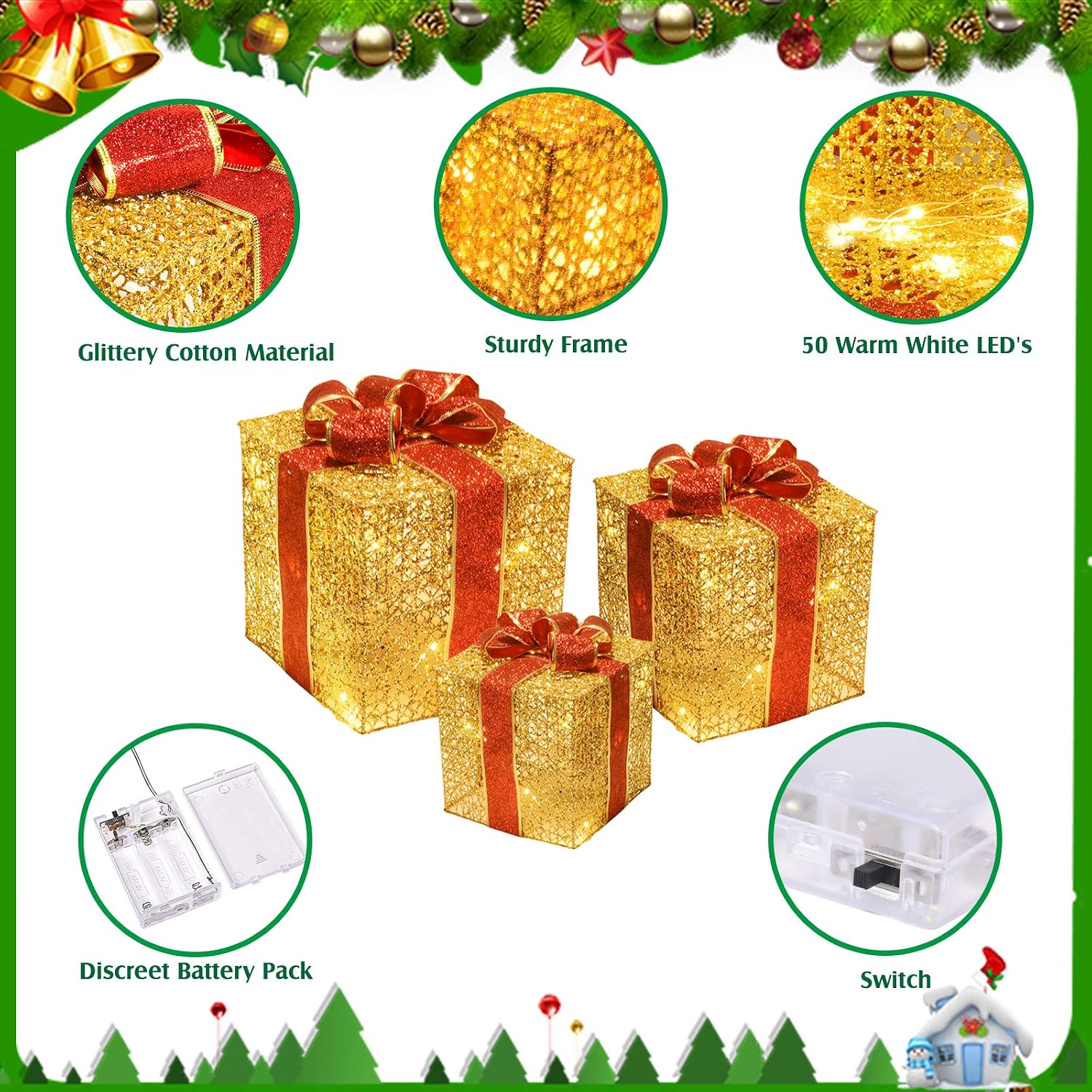 Joyjoz 3 Lighted Gift Boxes for Christmas, Christmas Lighted Decoration Box, Outdoor Yard&Home Décor, Christmas Tree Ornament Indoor Holiday Party Weddings Yard Home Holiday Art Decorations