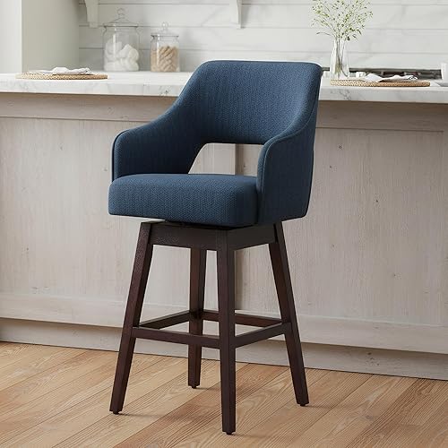 Miniatura 13 de Juego de 2 taburetes de bar giratorios de 360°, taburetes de bar de altura de mostrador de granja con respaldo y patas de madera, taburete tapizado