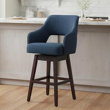 27" Swivel Bar Stool for Kitchen Island, Linen Fabric Upholstered Barstools with Solid Wood Legs, Single Counter Stool for Breakfast Bar/Patio/Dining, Blue