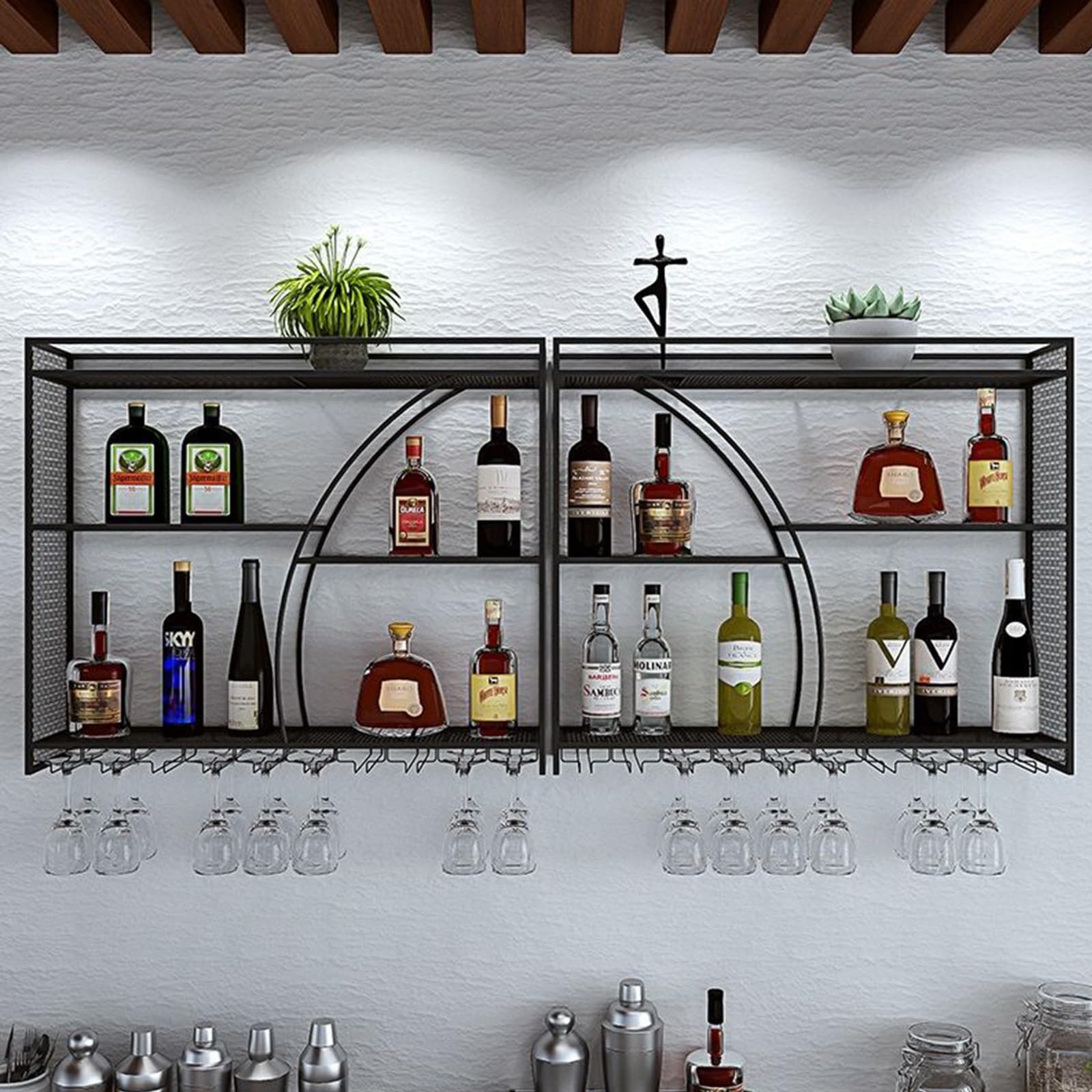Étagère de bar murale pour bouteilles d'alcool étagère flottante fer porte-vin métal verres