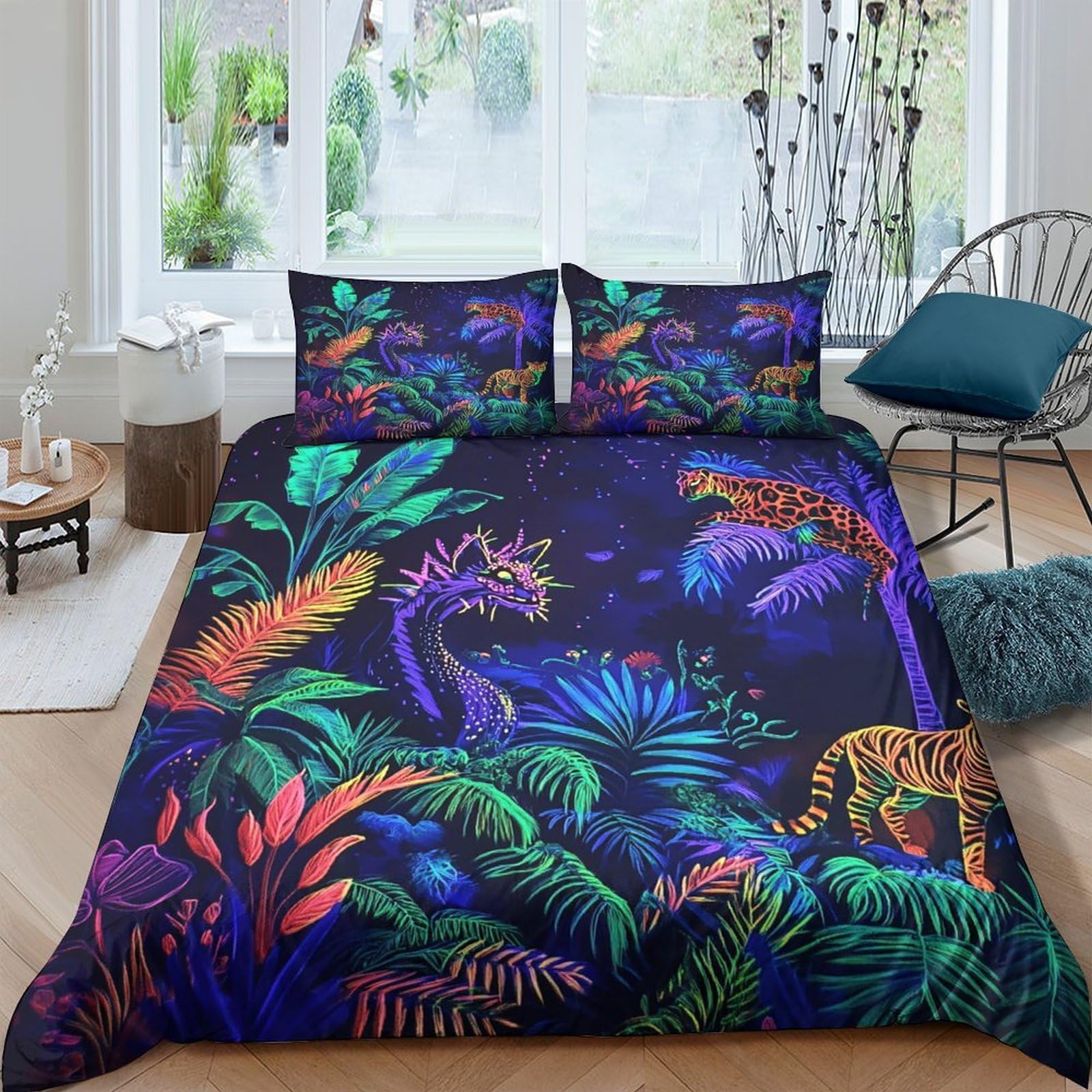 TUFRTGYHN 3D Printed Tropical Jungle Duvet Cover Set Microfiber Soft Animal Forest Bedding Set with 2 Pillowcases for Bedroom Decor Single（135x200cm）
