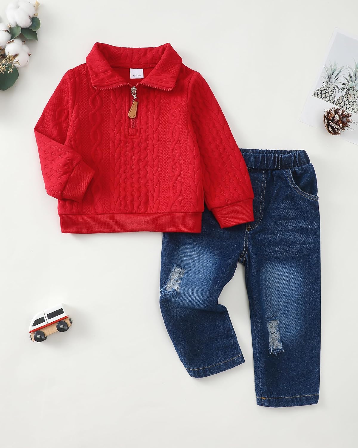 Baby Toddler Boy Clothes Fall Winter Boys Outfits Quarter Zip Pullover Sweatshirt Jeans Denim Pants Sweatsuit Set