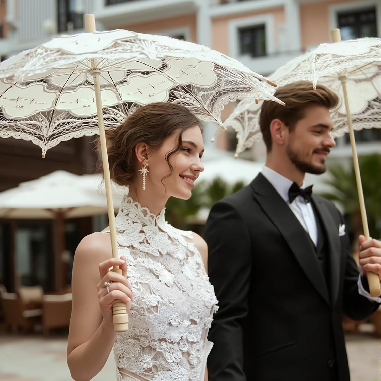 BABEYOND Lace Umbrella Parasol Vintage Wedding Bridal Umbrella for Decoration Photo Lady Costume 1920s Party (Apricot) - Image 5