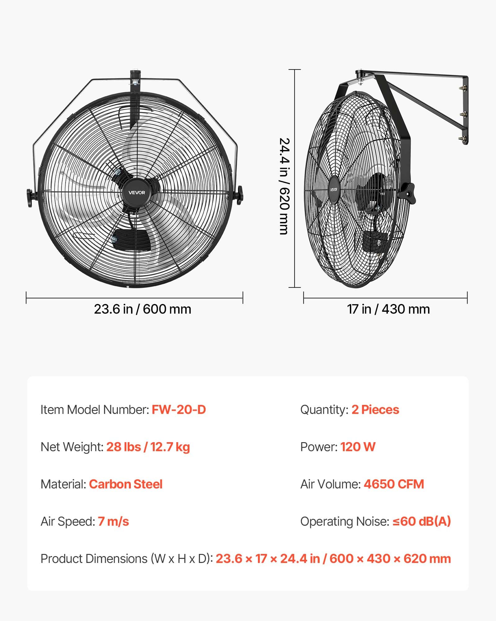 VEVOR Ventilatore da Parete Industriale, 505 mm, Ventilatore a Muro, Non Oscillante, 3 Velocità, Flusso d'Aria Potente, Controllo Meccanico, Adatto per Garage, Officine, Palestre, Ambienti Commerciali