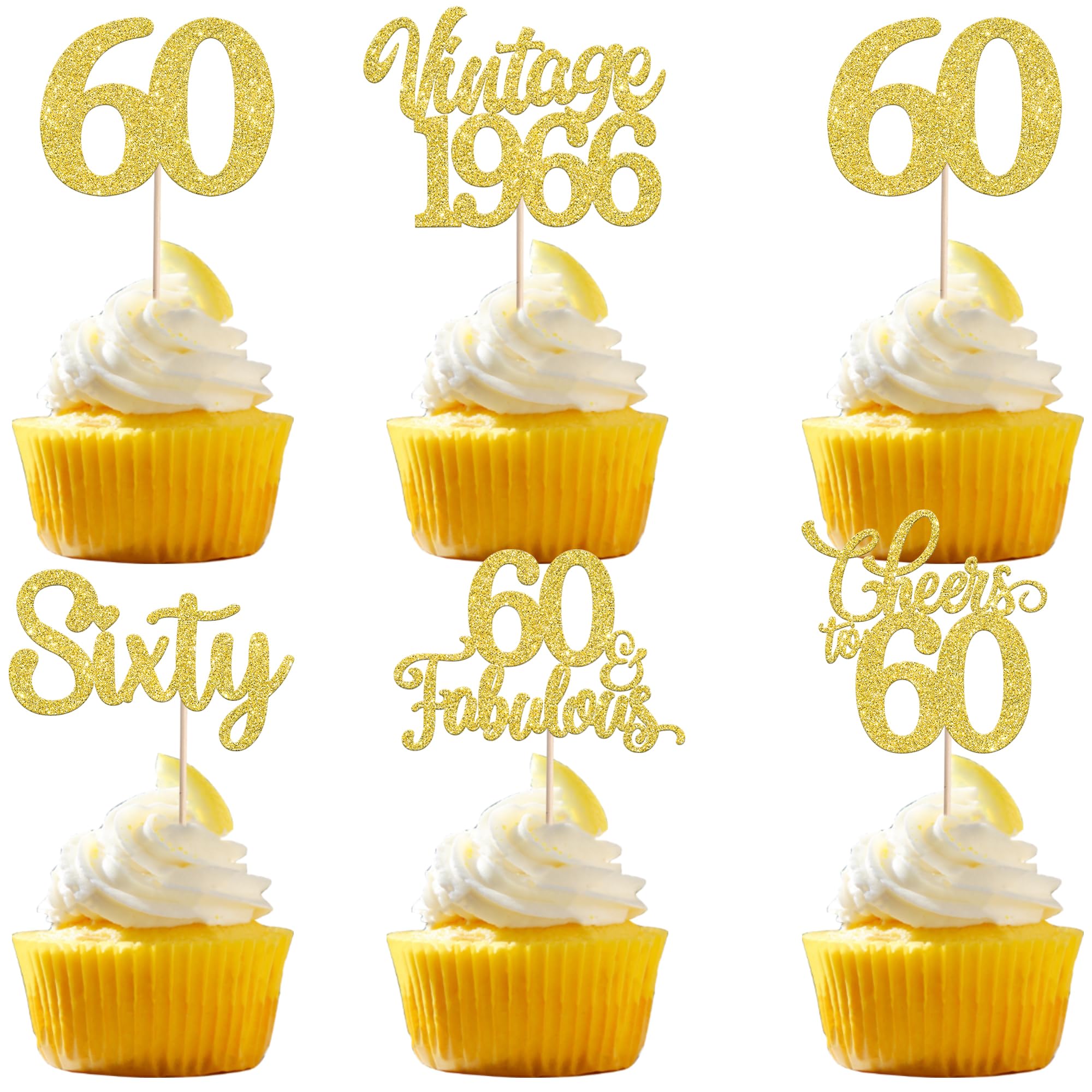 30 Pack Happy 60th Birthday Cupcake Toppers Glitter Hello 60 Sixty Vintage 1966 Cupcake Picks Cheers to 60 Party Decorations for 60th Birthday Anniversary Party Cake Gold