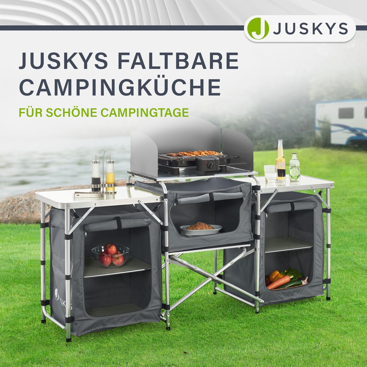 Juskys Składana kuchnia kempingowa z torbą do przenoszenia - wodoodporna, nierdzewna - Outdoor Camping Kuchnia Składana szafka kempingowa - składana kuchnia z szafką