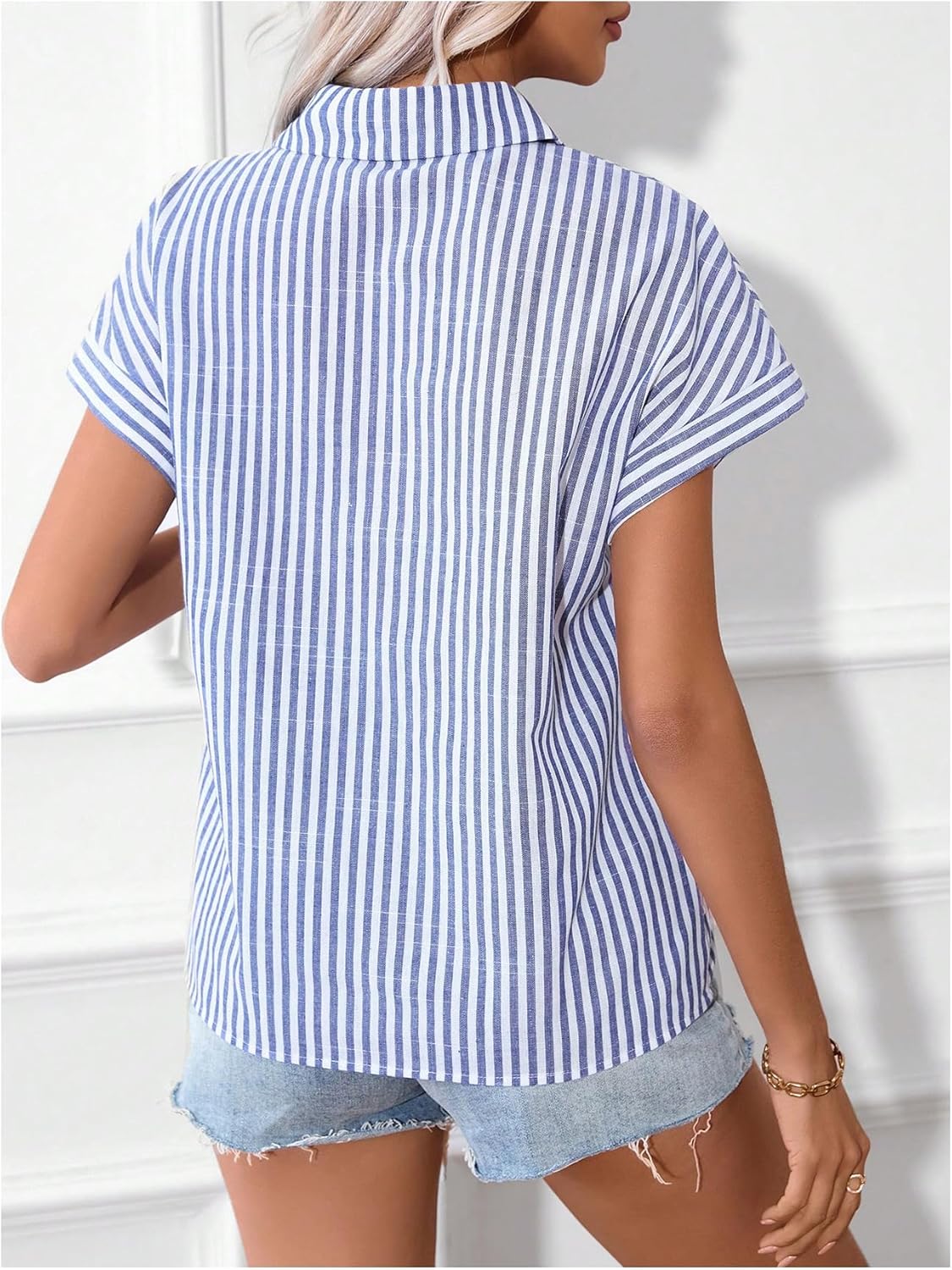 WDIRARA Women's Stripes Print Heart Embroidery Blouse Causal Button Down Shirts Collared Neck Short Sleeve Shirts - Image 2