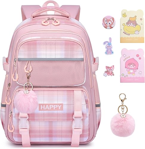 Mochila WYCY para niñas - Linda mochila escolar a cuadros con compartimento para portátil para primaria y secundaria, Rosa, Grande