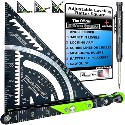 Britton Square 7"-NegroVerde Escuadra de Aluminio para Vigas - Escuadra de Vigas con Nivel, Innovadoras Herramientas de Carpintería y Estructuración