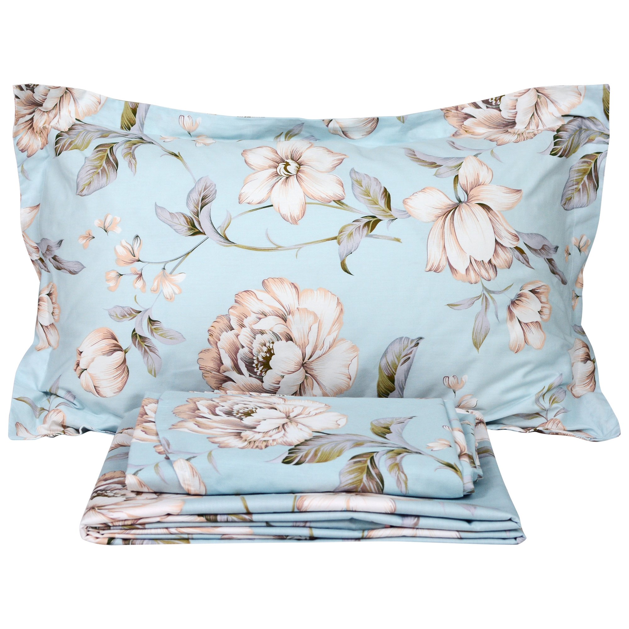 FADFAY Shabby Floral Bed Sheet Set Farmhouse Bedding Blue Cotton Winter Bedding Deep Pocket Sheets 4-Piece Full Size