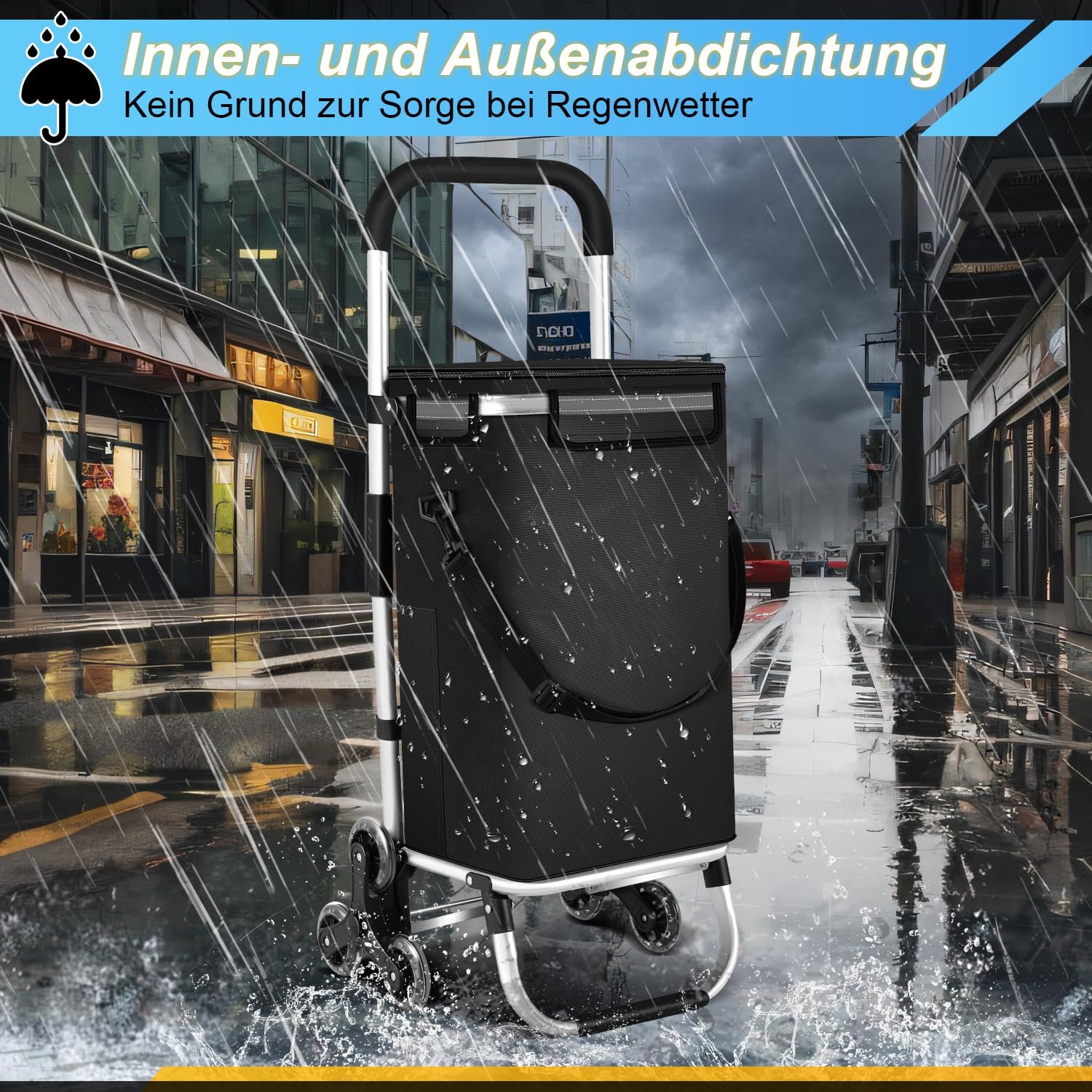 Einkaufstrolley Klappbar 40 Liter Einkaufswagen mit Kühlfach Einkaufstrolley Treppensteiger, Abnehmbare Tasche Schwarz Trolley Faltbarer Einkaufsroller Einkaufsrollwagen