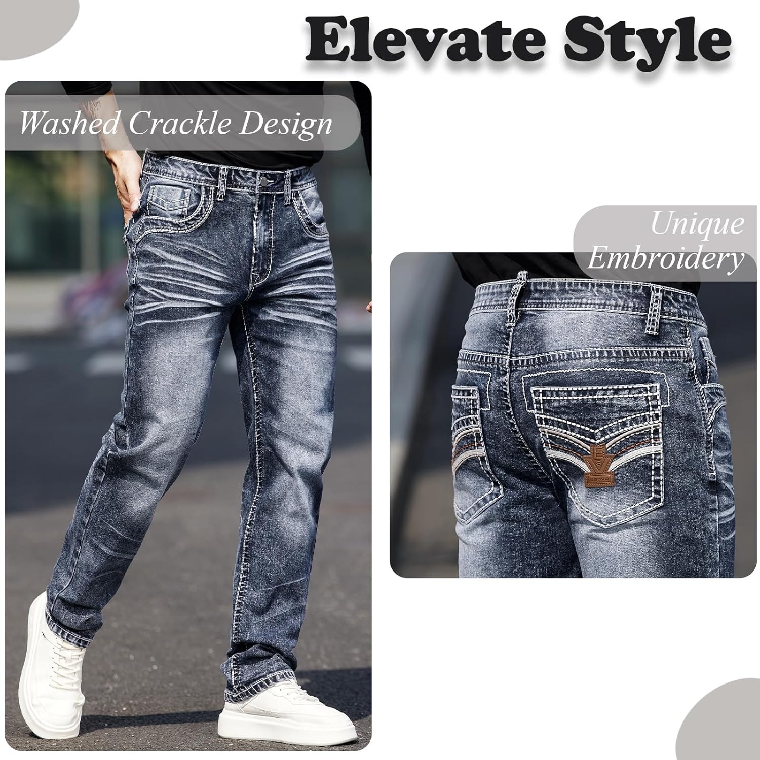 Men's Jeans - Embroidery Washed Crackle Design Jeans Relaxed Fit Stretch Casual Jeans Comfortable Classic Fit Jeans - Image 6