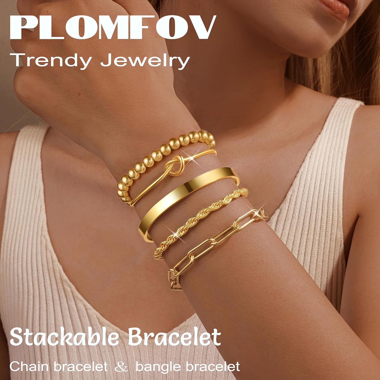 PLOMFOV Gold Bracelets for Women Stack Non Tarnish 14K Gold Plated Chunky Gold Bangles Bracelet Set Beaded Paperclip Chain Cuban Link Dainty Trendy Waterproof Stackable Cuff Bracelets Jewelry Gifts for Women - Image 2