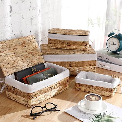 Miniatura 3 de Soaoo Juego de 4 cestas de almacenamiento de jacinto de agua con tapa, organizador rectangular de despensa con forro tejido natural, organizador de