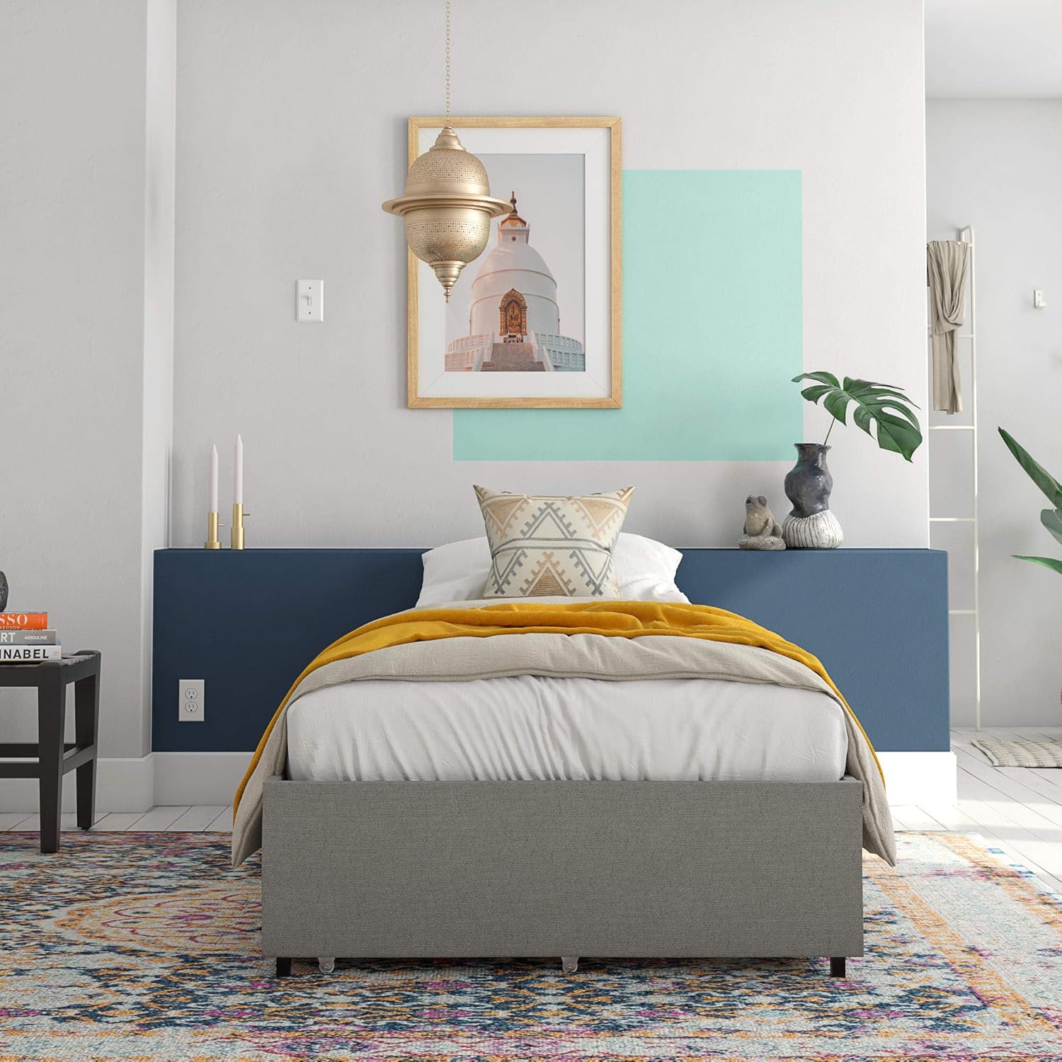 REALROOMS Alden Twin Platform Bed with storage drawer in a bedroom setting.