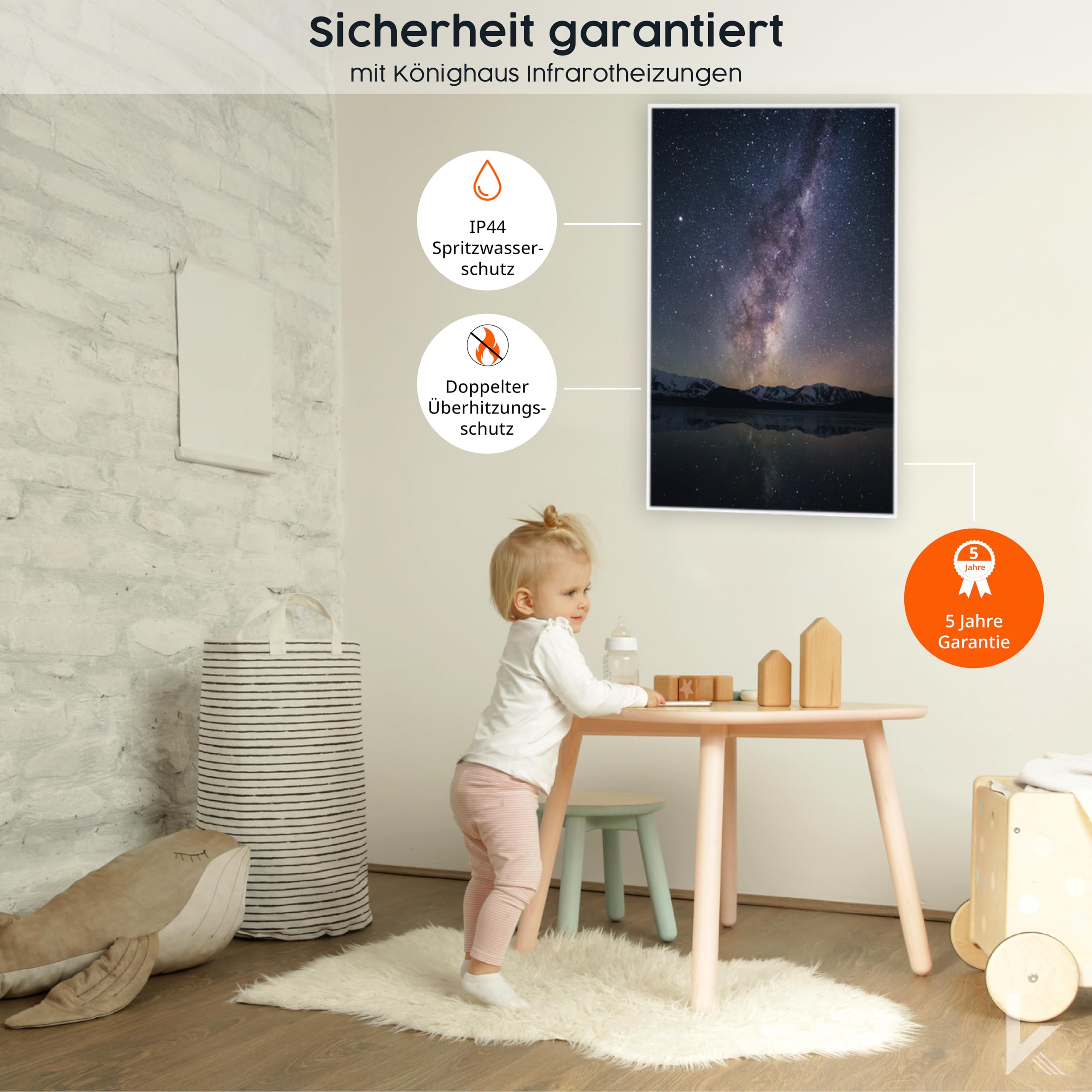 Könighaus Foto Infrarotheizung 800 W - Thermostat - 11-21 m² | Weißer Rahmen, eigener Motivdruck, TÜV, 5 Jahre Garantie, Made in Germany