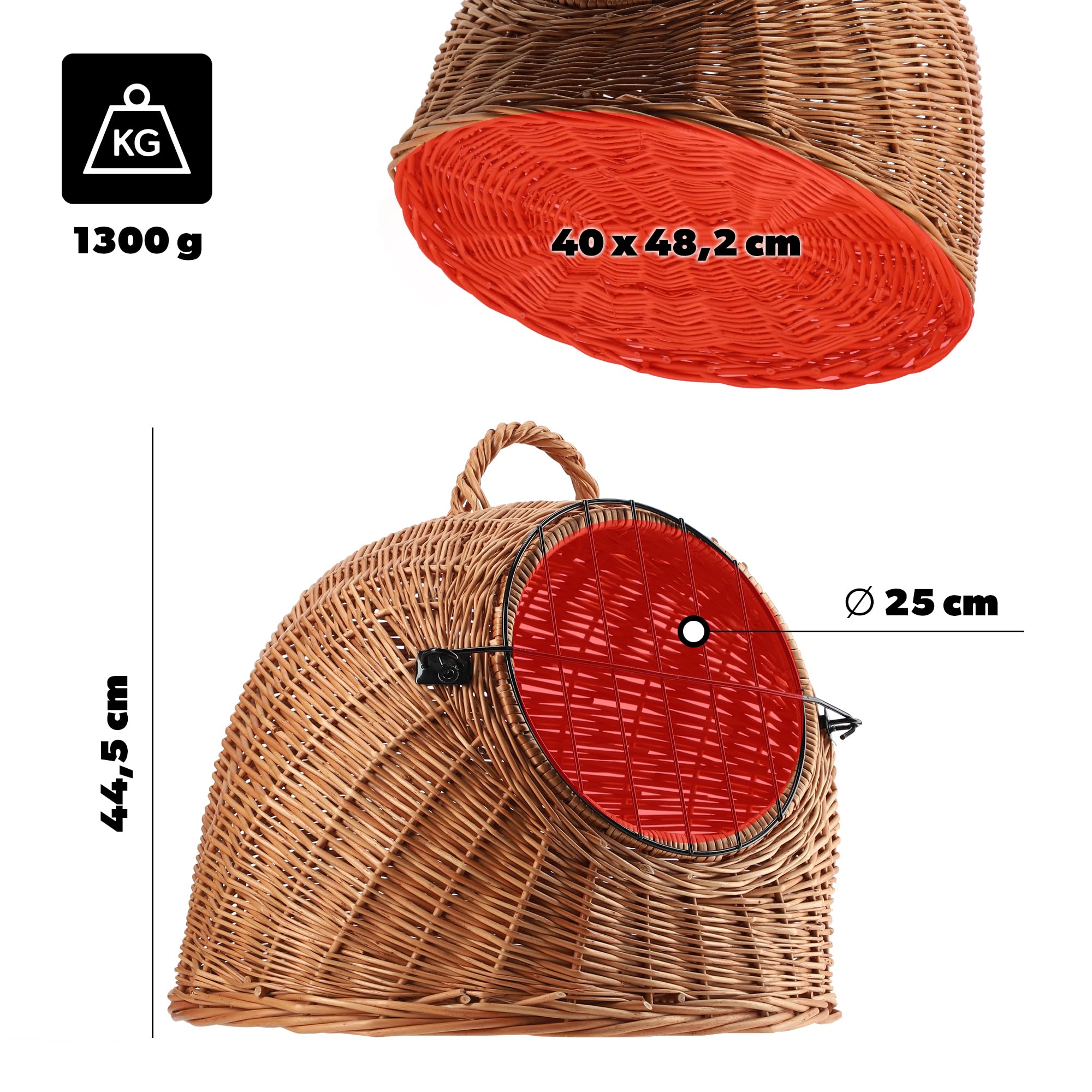 KADAX Cestino per il Trasporto per Animali in Vimini, con Maniglia e Chiusura, per Gatti e Animali Domestici (40 x 49 cm)