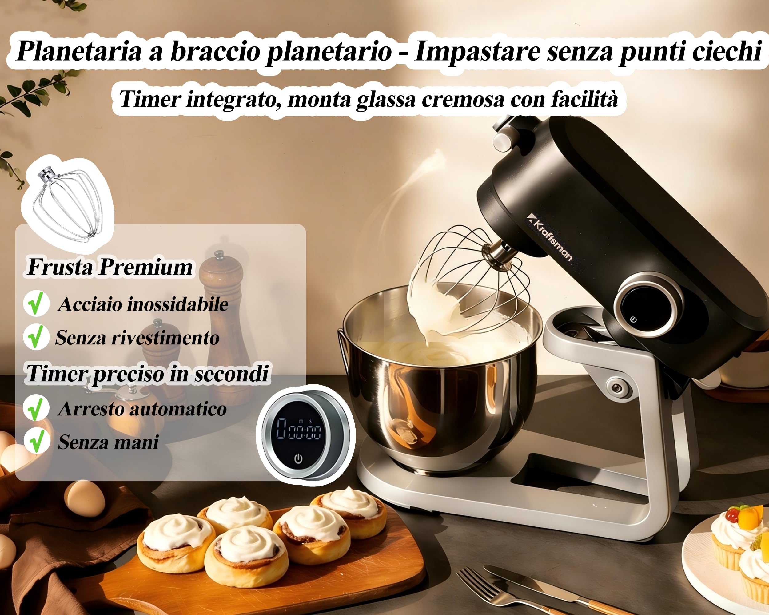 Impastatrice Planetaria in Metallo Solido – Planetaria Professionale da 5L con 4 Accessori in Acciaio Inossidabile, 800W Motore DC, Nido di Potenza e Timer, Bassa Rumorosità (Nero)
