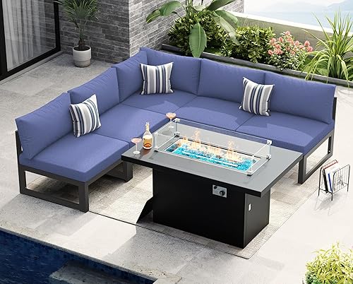 Miniatura 620 de NICESOUL 7 Piece White Powder-Coated Aluminum Patio Furniture with Fire Pit Table, 29 Inch Extra Wide Outdoor Sectional Sofa for 6, High-End Heavy