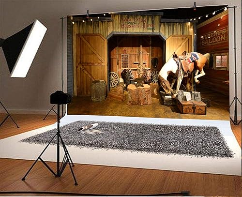Miniatura 2 de Telón de fondo estable del viejo salvaje oeste de 7 x 5 pies, caballo vaquero del oeste de Texas en granero, yunque de árbol, tronco, linterna,