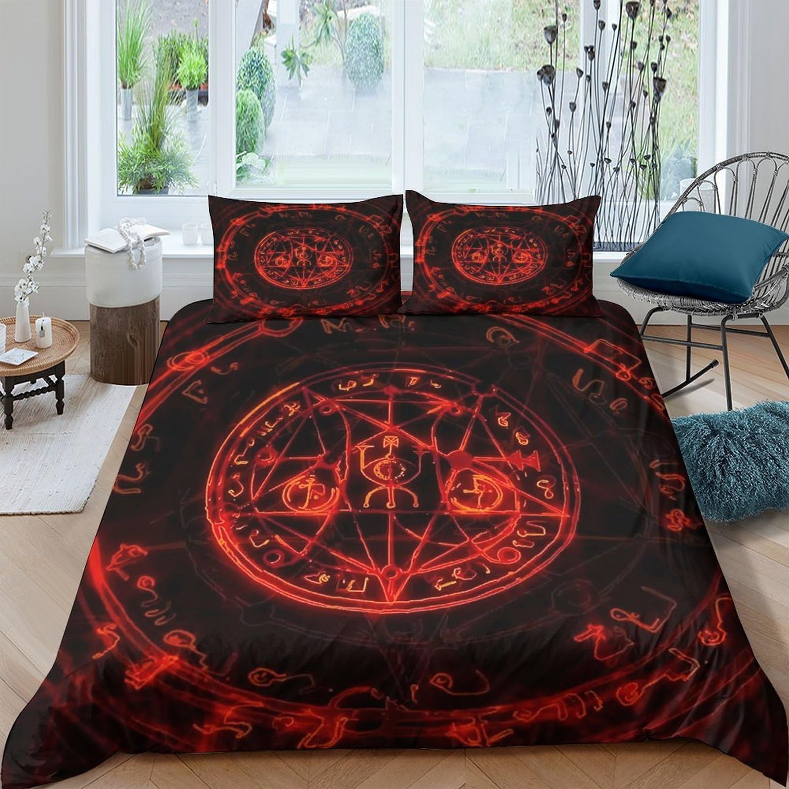 Ctjqhvkz Style-1 3D Printed Red Magic Circle Fitted Sheet Microfiber Soft Bedroom Decor Gothic Bed Cover Dustproof Single（135X200cm）