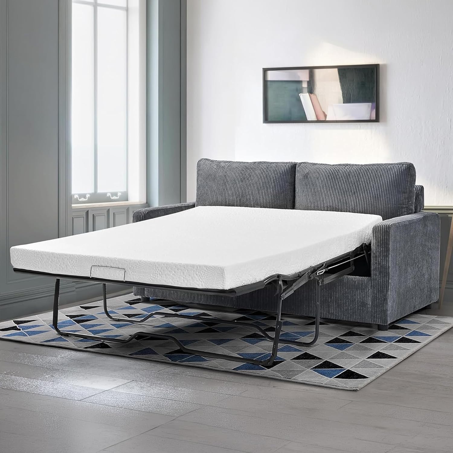 Reversible Sleeper Sofa Bed with Comfortable Memory Foam Mattress, Convertible Corduroy Full Size Pull Out Couch for Living Room, Space Saving Furniture, 70" Wide, Rectangular Arms, Grey