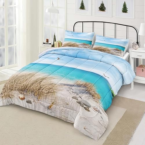 Miniatura 9 de MOVE OVER Juego de edredón azul océano, juego de ropa de cama costera tamaño King, juego de edredón de 3 piezas con temática de playa, gaviota