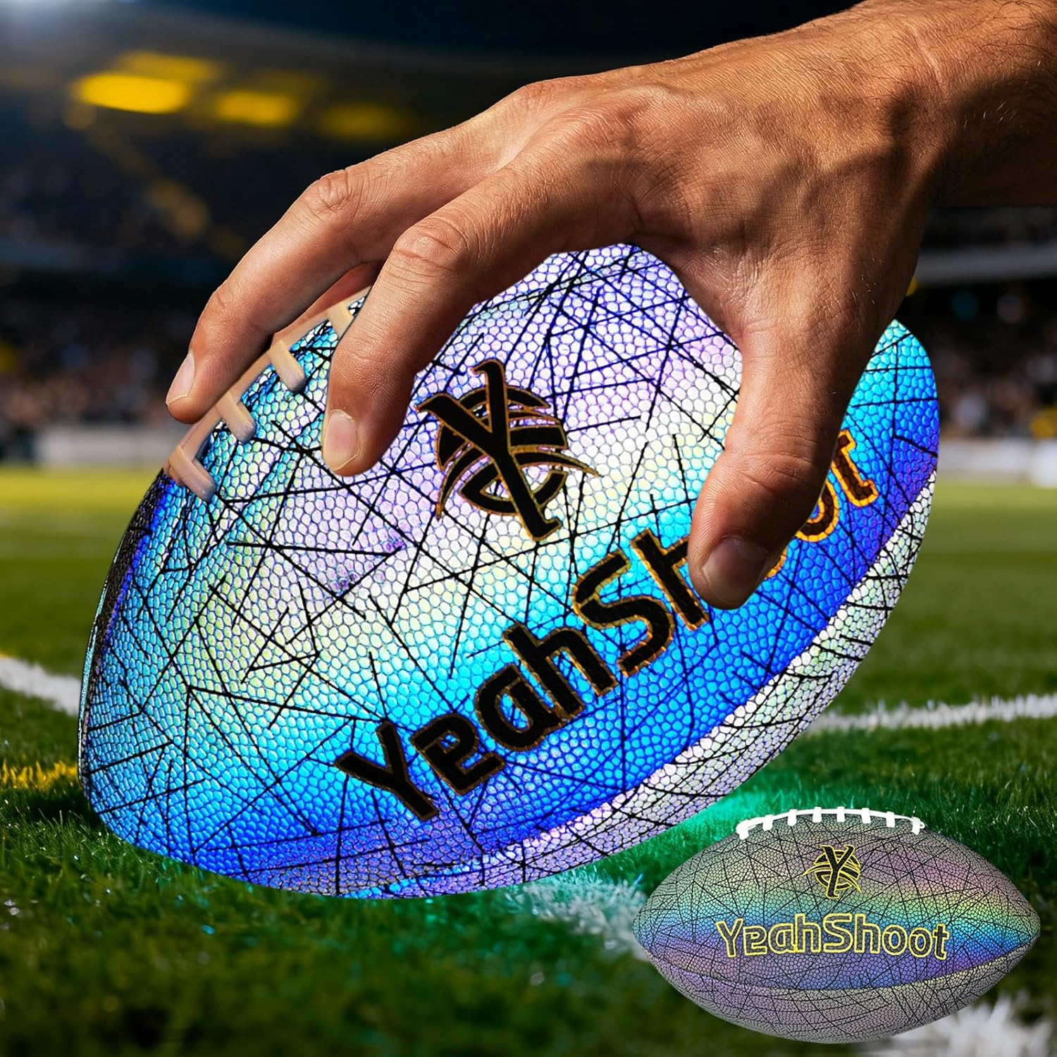 Holographic Reflective Football Size 9 PU Leather Light Up Football with Pump Glow in The Dark Football for Youth and Adults Football Gifts