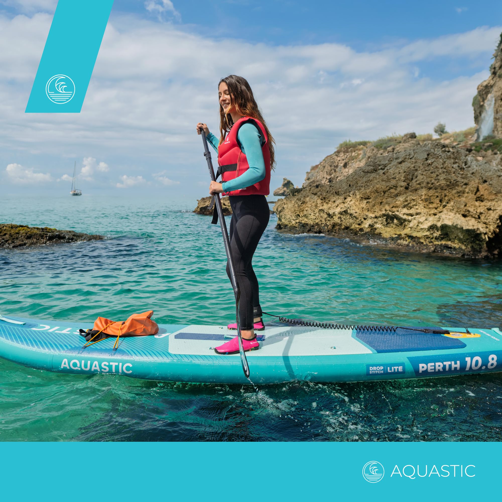 AQUASTIC Perth 10'8" Sup Board Set – Juego Completo con Remo, Asiento de Kayak, Correa de 300 cm, Bomba, Mochila, Drop Stitch Lite, Estable y Resistente, para Principiantes y avanzados