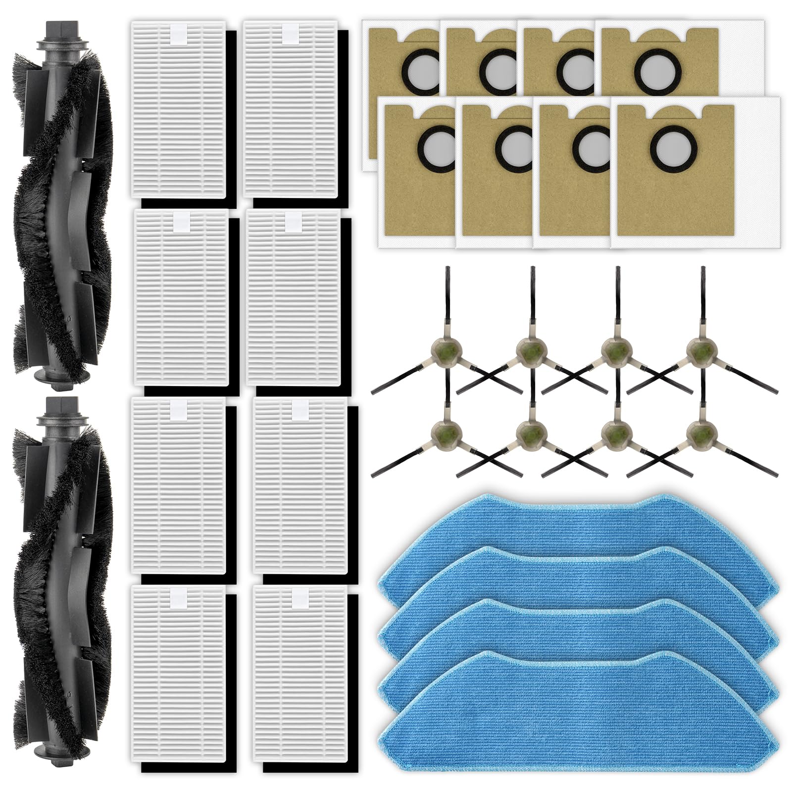 (30 Piezas) Repuestos para aspiradora robot Lefant M2 Plus/ M2L Plus, 2 cepillos giratorios, 8 cepillos laterales, 8 filtros HEPA, 4 almohadillas de fregado, 8 bolsas para el polvo, kit de accesorios