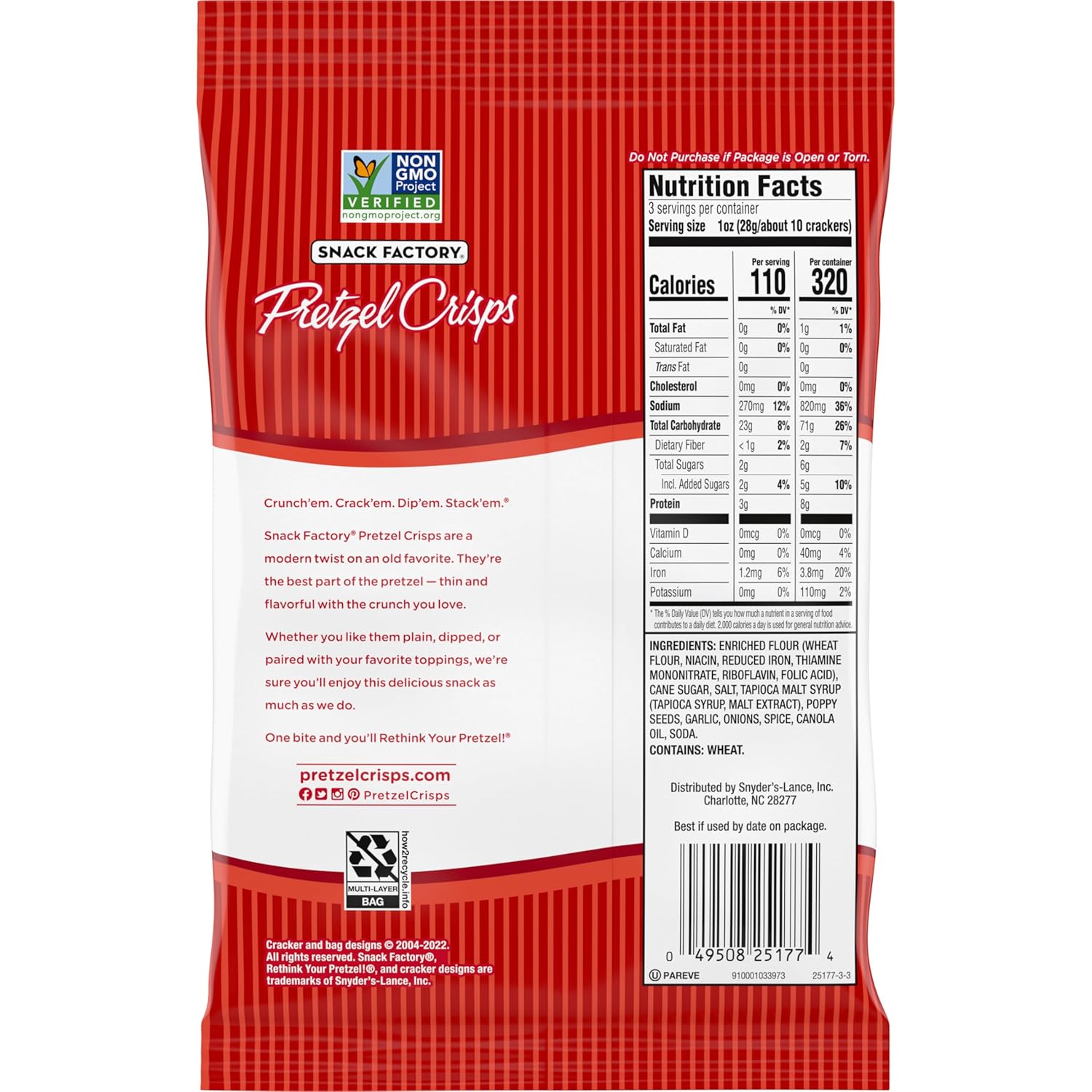 Snack Factory Pretzel Crisps, Everything, 3 Oz (Pack of 8)