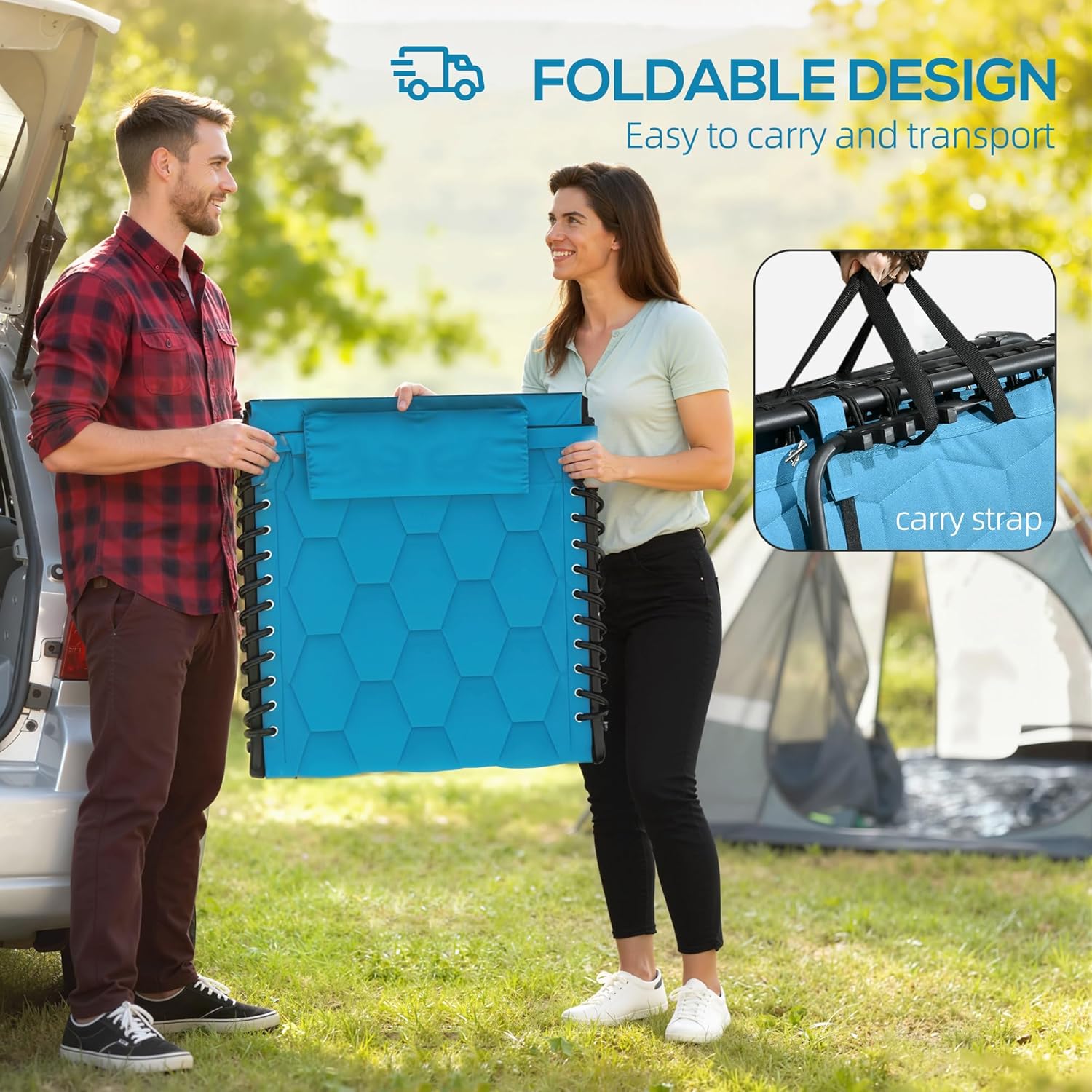 Outsunny Padded Folding Chaise Lounge Chair Outdoor Set of 2, 5-Level Reclining Patio Loungers, Tanning Chairs with Side Pocket, Headrest and Carrying Handle for Beach, Yard, Patio, Sky Blue