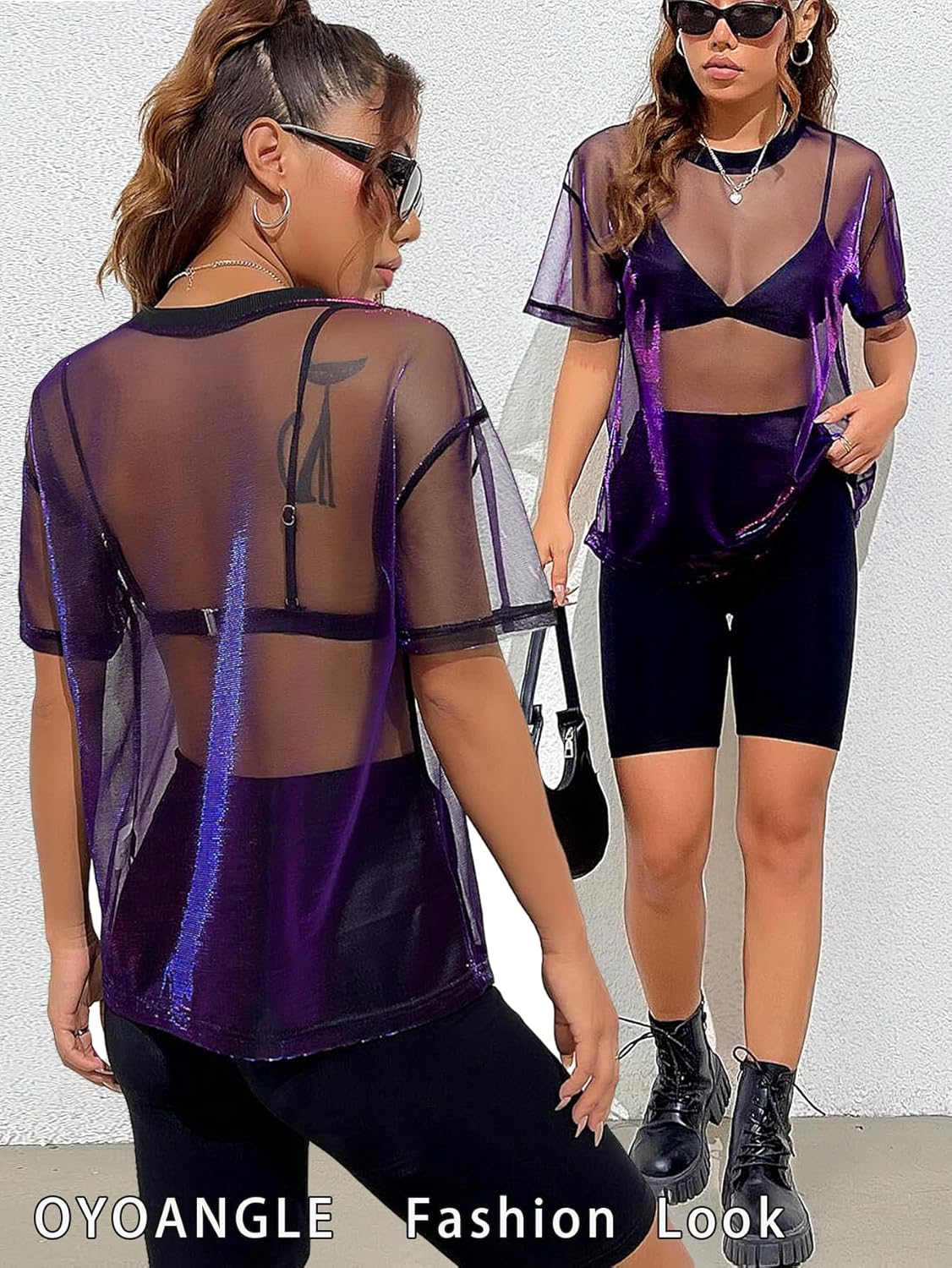 OYOANGLE Women's See Through Top Metallic Mesh Sheer Short Sleeve Rave T-Shirt - Image 2