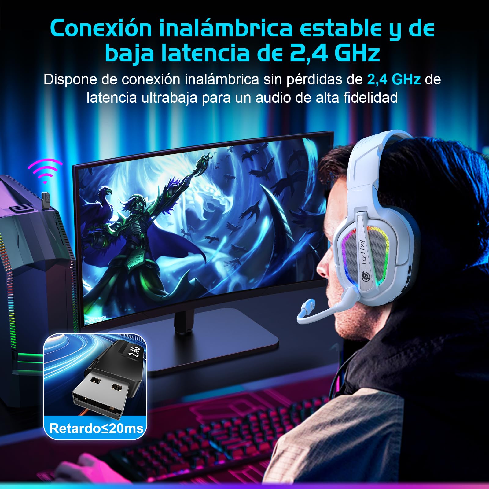 Fachixy「2025 Nuevo」FC200 Cascos Gaming Inalámbricos para PC, PS5, PS4, Auriculares Gaming Inalámbricos de 2,4GHz Wireless+Bluetooth - Baja Latencia, Duración 40Hr+, Luces RGB (Blanco-Negro)