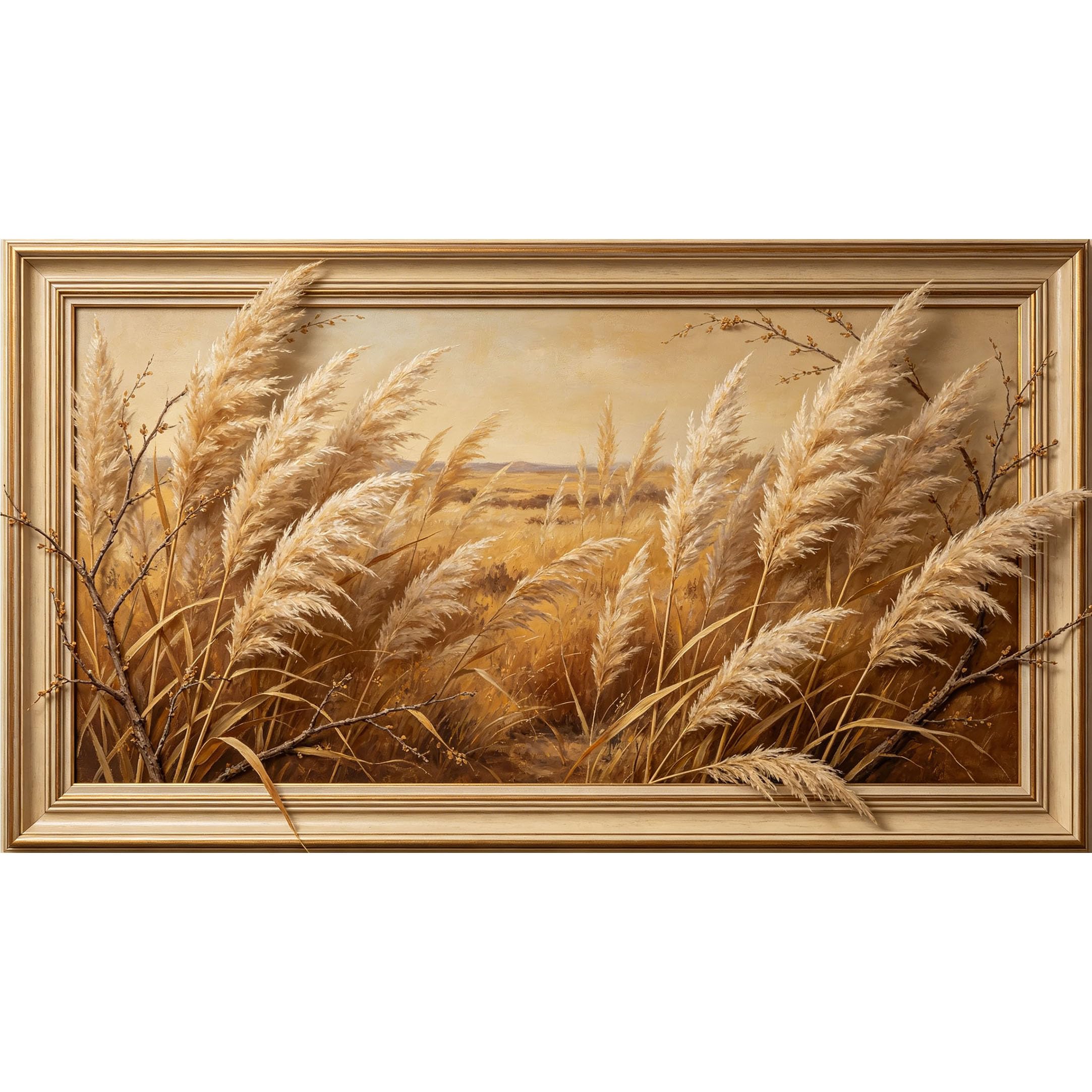 QZLITHOTIC 50x90cm3D Framed Wall Art， Botanical Wheat Field Landscape Self‑Adhesive Mural， Water‑Activated Peel & Stick Fabric Decor Wall Decal for Bedroom Living Room