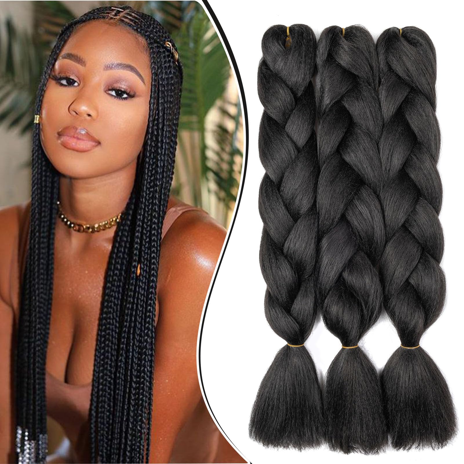 Dcbaboo Jumbo Braiding Hair Extensions - 3 Packs, 24 Inch, Synthetic Kanekalon Ombre for Afro Crochet Braids and Twists - 300g, Black