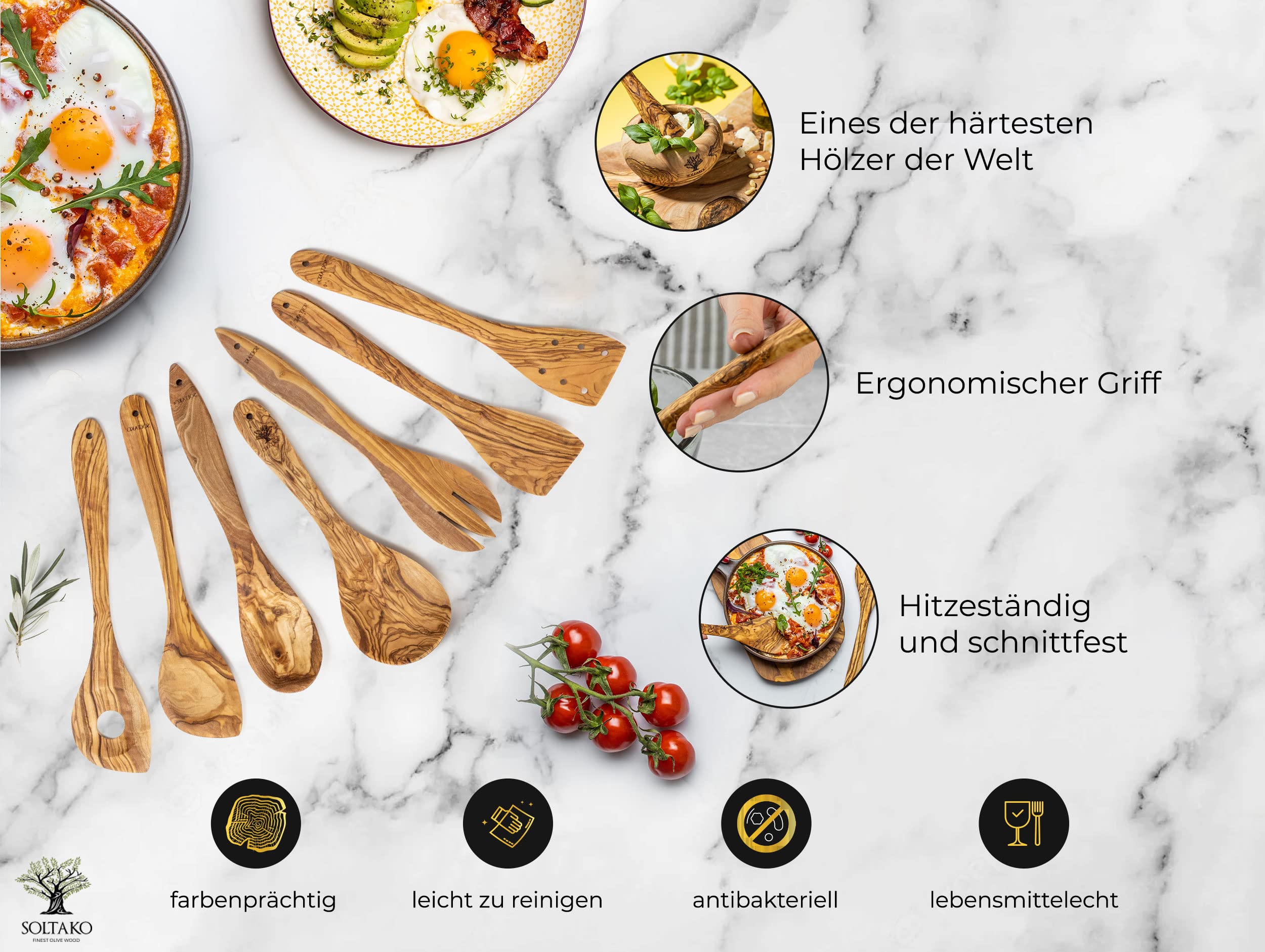 SOLTAKO Olivenholz Küchenutensilien 7er Set "Le Gourmet"