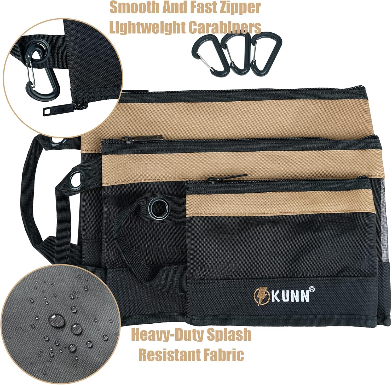 KUNN Tool Bag Zipper Pouch 3 Pack - Heavy Duty Utility Tool Storage Organizer with Carabiner for DIY,Electrician,Accessories and Travel