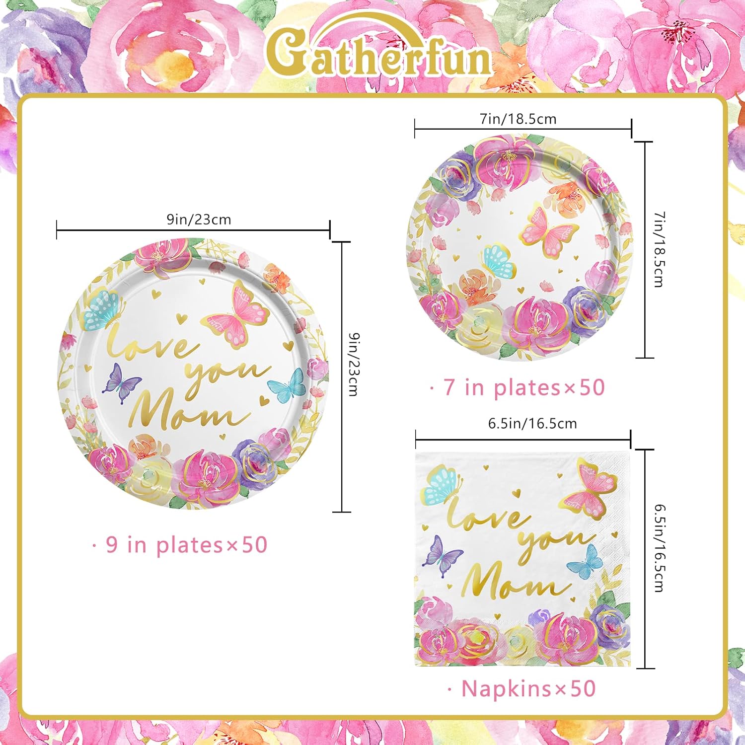 Mother's Day Party Supplies, Serve 50, Happy Mother's Day Pack Includes: Paper Dinner Plates, Dessert Plates, Luncheon Napkins for Happy Mother's Decorations