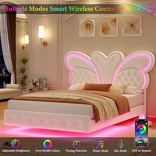 Miniatura 3 de Keyluv Base de cama Queen con cabecera tapizada con patrón de mariposa, moderna cama flotante con luces LED, botón copetudo en cabecero y estribo,